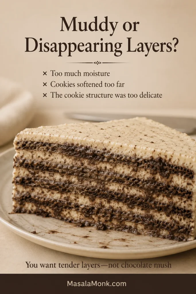 Close-up of an over-softened chocolate wafer icebox cake with blurred dark layers mixing into the cream.