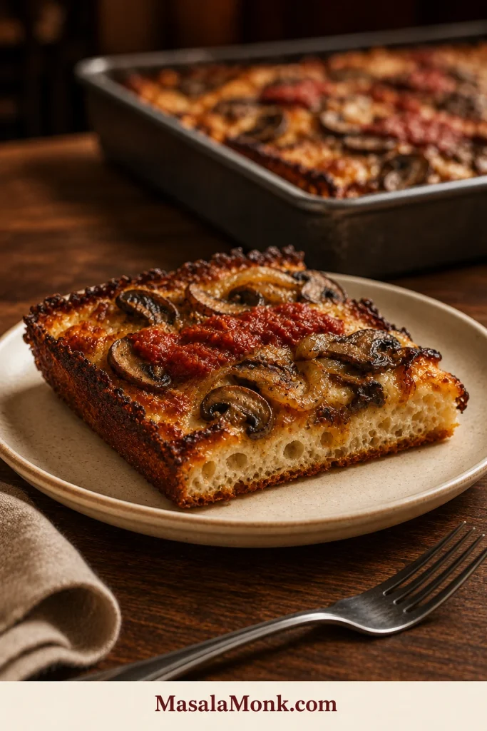 Plated Detroit pizza corner topped with browned mushrooms and caramelized onions, showing airy crumb, a golden base, and dark cheese crust.