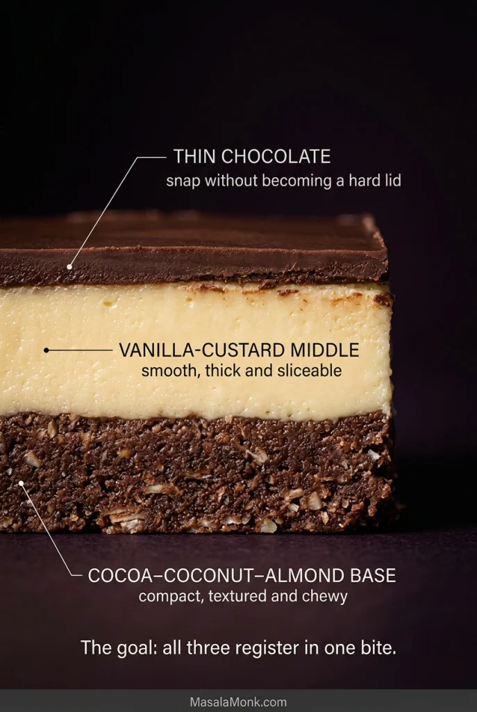 Labeled cross-section of one Nanaimo bar showing a thin chocolate top, pale vanilla-custard middle, and thick textured cocoa-coconut-almond base.