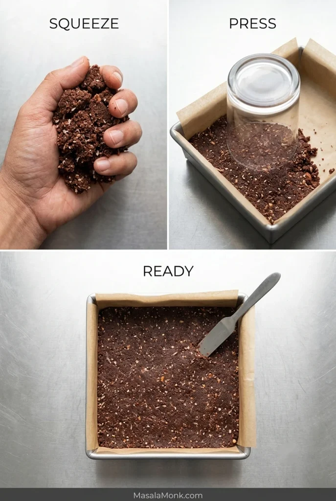 Three-step Nanaimo bar base guide showing the crumb mixture squeezed by hand, pressed into a square pan, and tested after chilling.