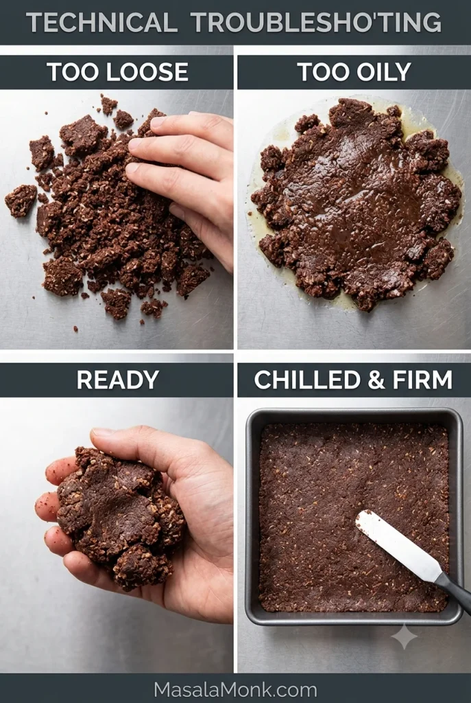 Troubleshooting comparison of Nanaimo bar base that is too loose, too oily, cohesive when squeezed, and firm after chilling in a square pan.