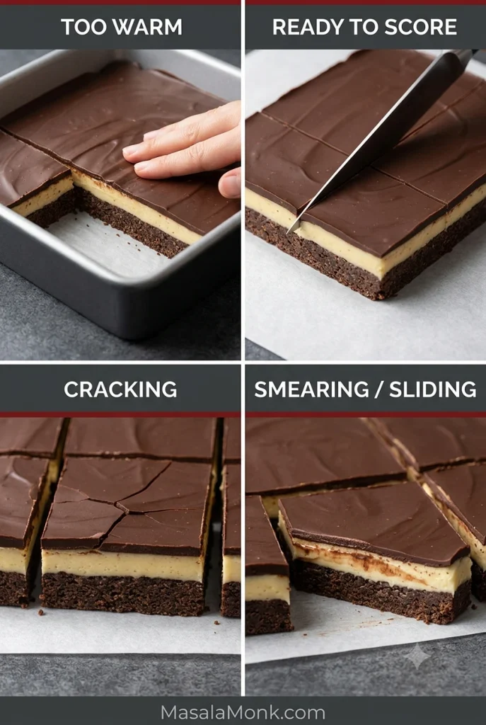 Troubleshooting board showing chocolate too warm, ready to score, cracking when too cold, and Nanaimo layers smearing or sliding during cutting.