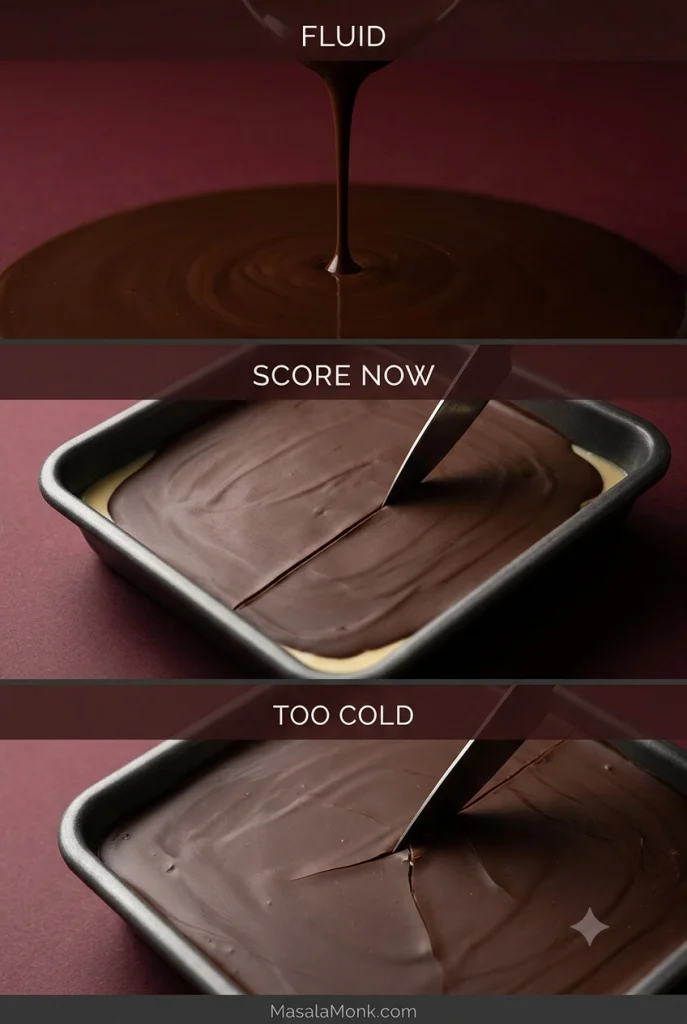 Chocolate readiness sequence showing fluid chocolate, a knife scoring a partly set thin topping, and cracking after the topping becomes too cold.
