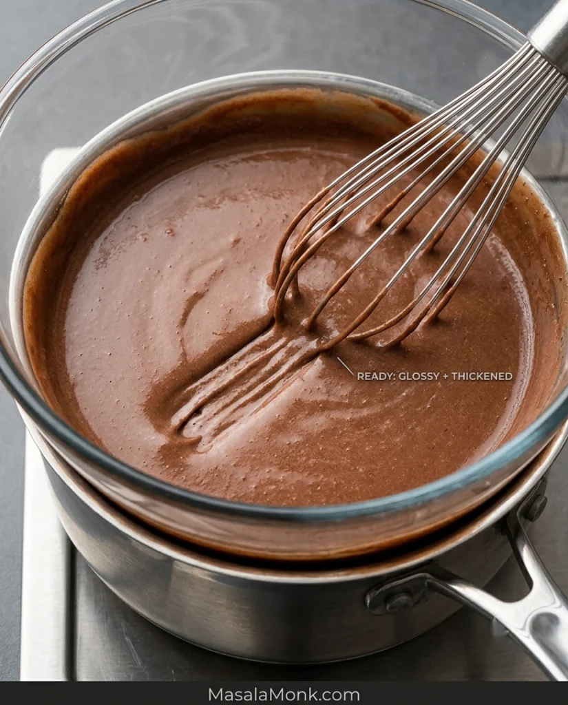 Thickened cocoa, butter, sugar and egg mixture in a bowl over a double boiler, with a whisk leaving a visible trail.
