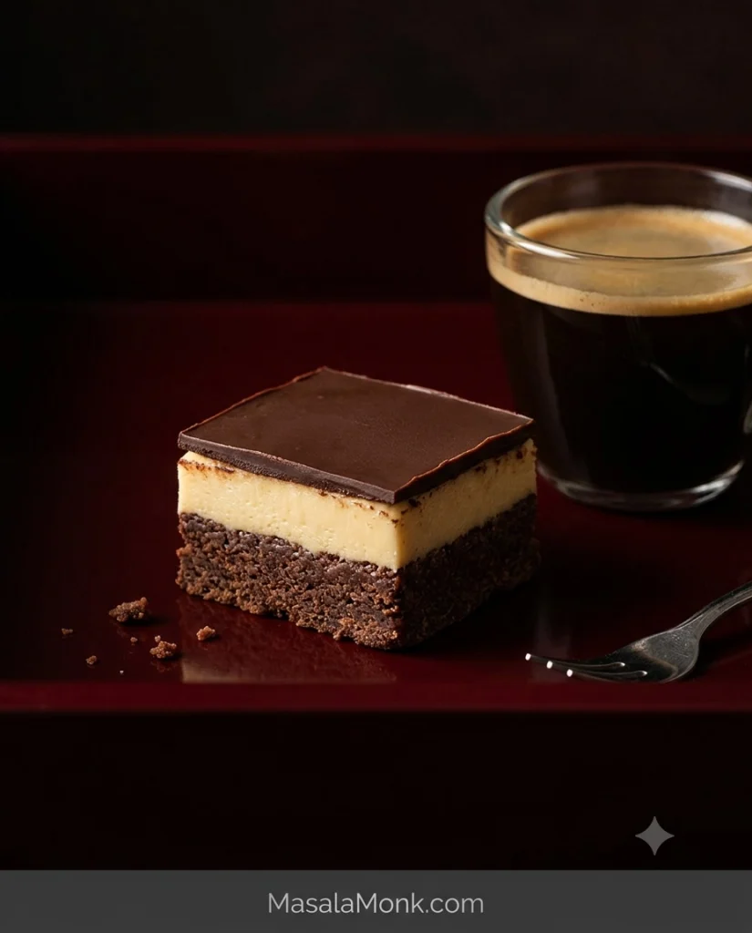 Small Nanaimo bar square beside a cup of black coffee on a dark red surface, with a few crumbs and the three layers clearly visible.