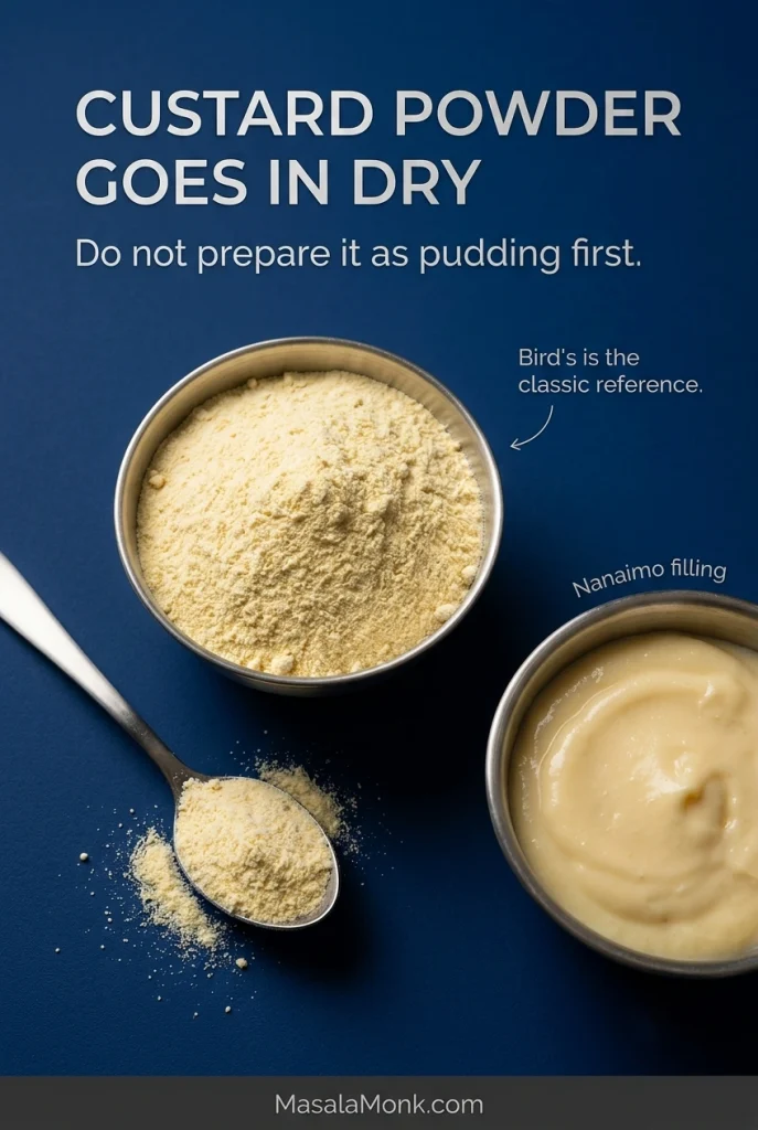 Dry pale-yellow custard powder in a bowl and spoon beside thick Nanaimo filling, with a note that the powder is used dry.