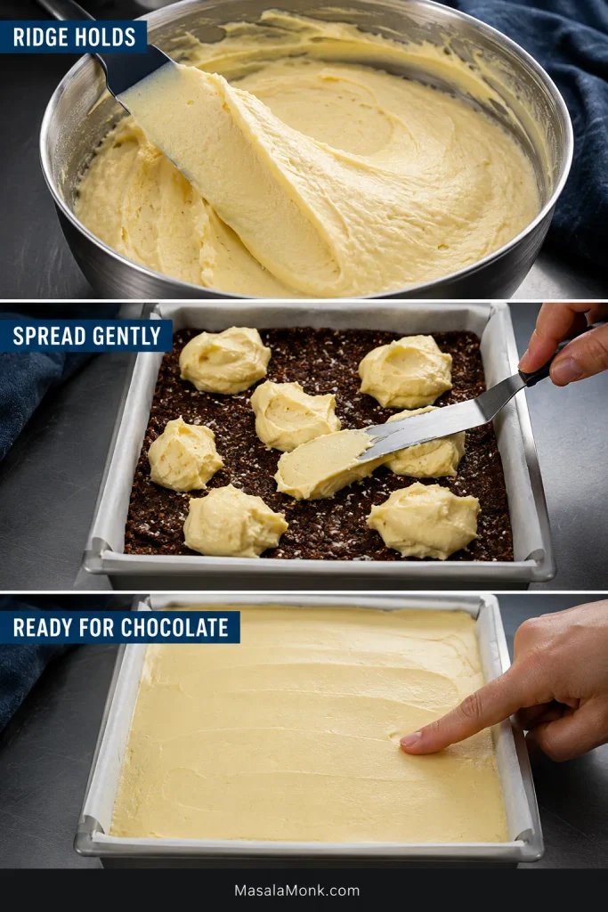 Three stages of Nanaimo custard filling: a thick ridge in a bowl, dollops spread over the dark base, and a chilled layer tested with a fingertip.
