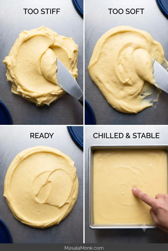 Four custard-filling states showing too-stiff, too-soft, correctly thickened, and chilled stable Nanaimo filling.