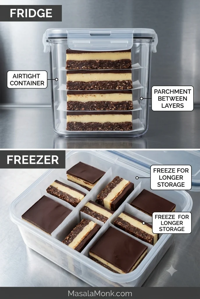 Nanaimo bars packed in airtight refrigerator and freezer containers, with parchment separating stacked pieces.