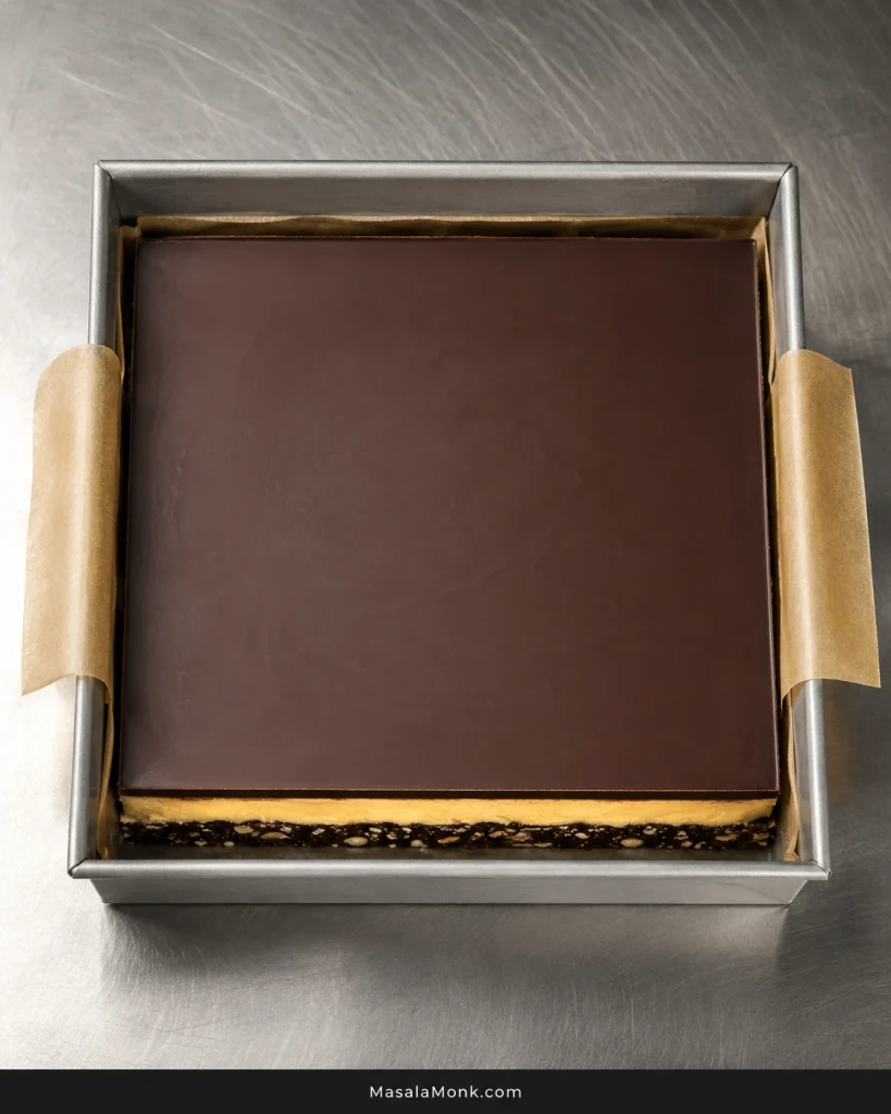 Uncut Nanaimo bar slab in a square metal pan with parchment overhang and a smooth dark chocolate top.