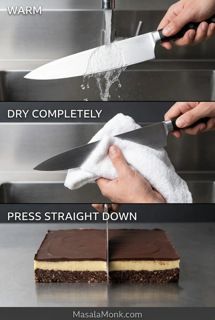 Three-step cutting guide showing a knife warmed in hot water, dried with a towel, then pressed straight down through a scored Nanaimo bar slab.