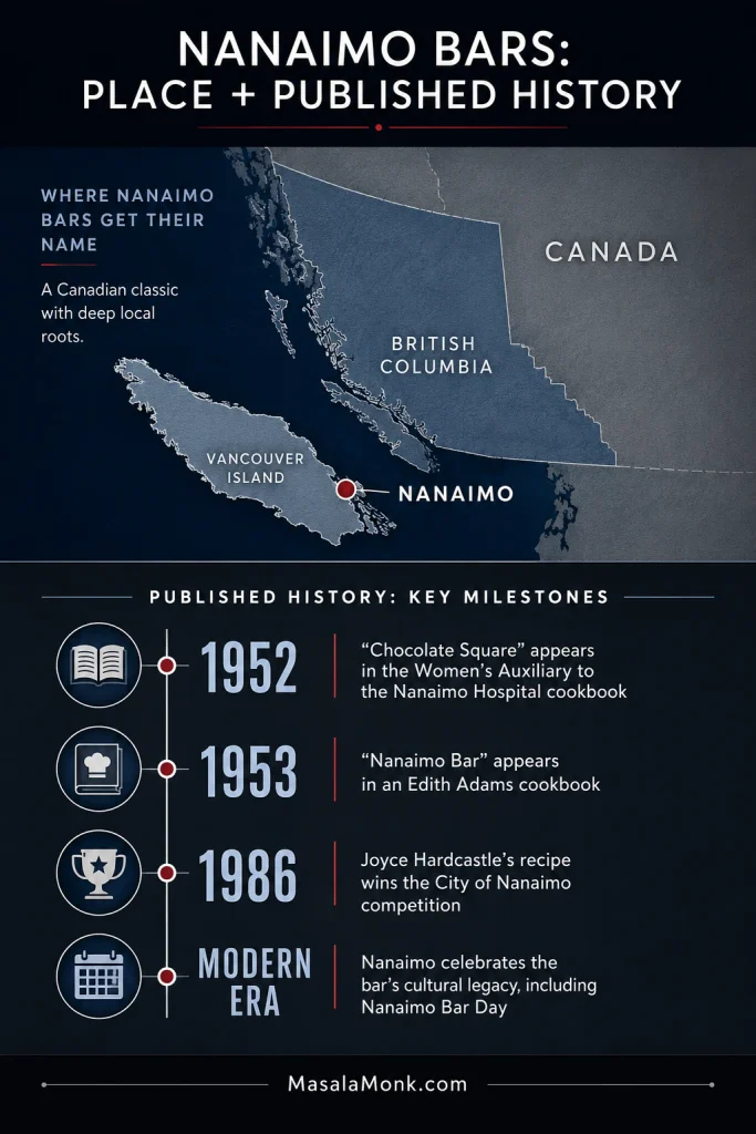 Map locating Nanaimo on Vancouver Island beside a timeline marking the 1952 Chocolate Square, 1953 Nanaimo Bar name, 1986 competition and modern Nanaimo Bar Day.