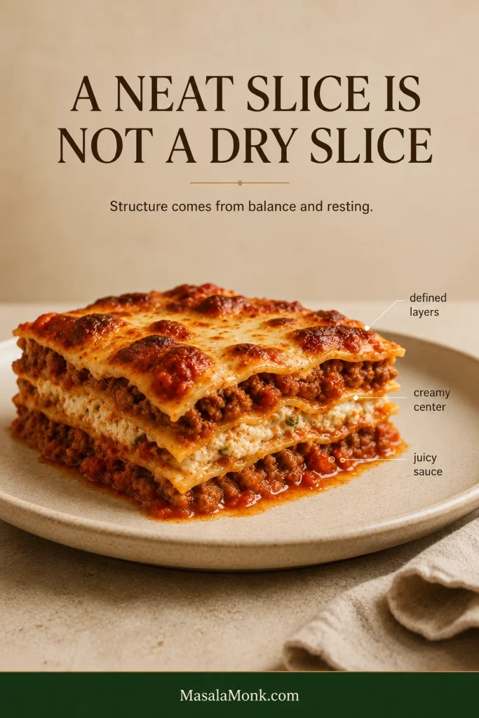 A plated lasagna slice with distinct tender layers, creamy ricotta and glossy meat sauce gently relaxing around its base.