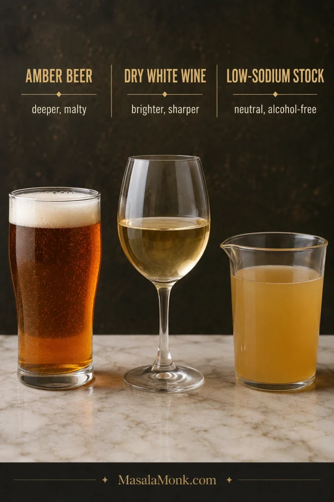 Amber beer, dry white wine and low-sodium stock shown as three cooking-liquid options with their flavor differences labeled.