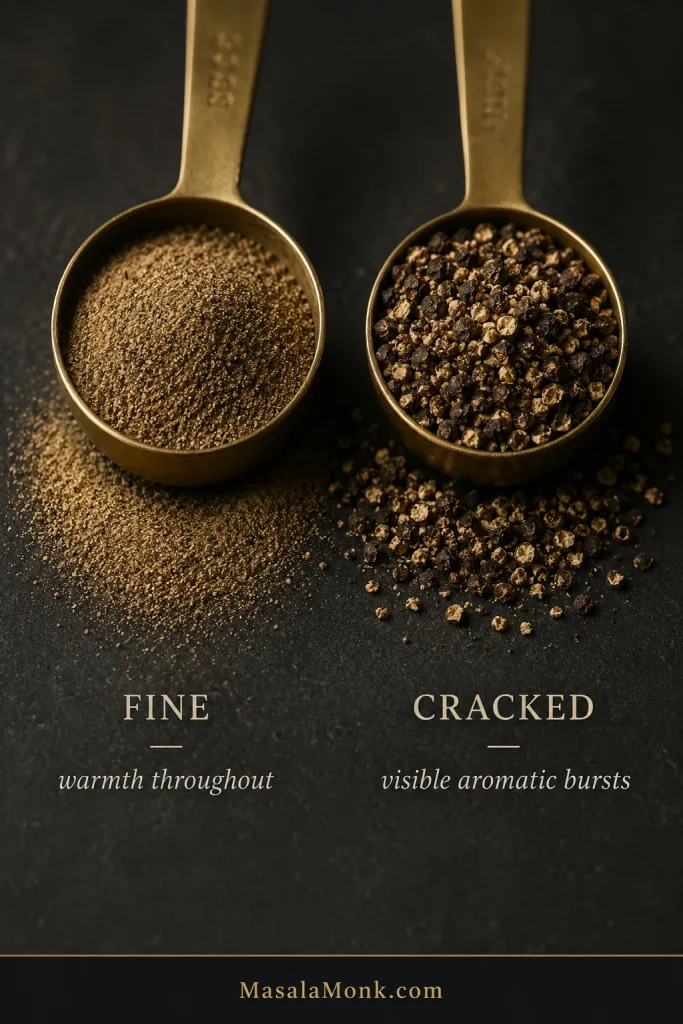 Close-up comparison of finely ground black pepper and coarse cracked black pepper showing their different particle sizes and textures.