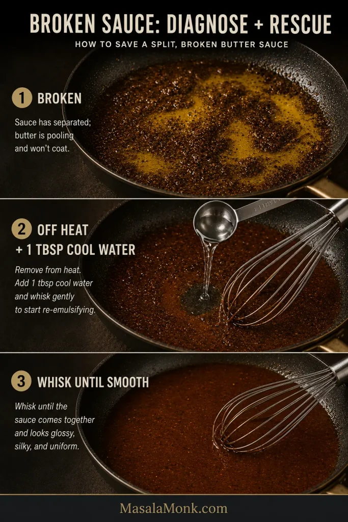 Three-step broken sauce rescue showing separated butter, 1 tablespoon cool water whisked in off heat, and a smooth glossy sauce afterward.