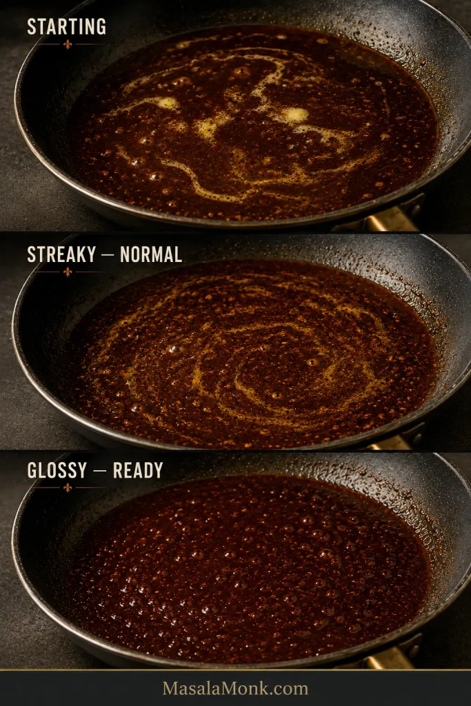 Three stages of sauce in the same skillet: butter starting to melt, a streaky middle stage, and a smooth glossy finished emulsion.