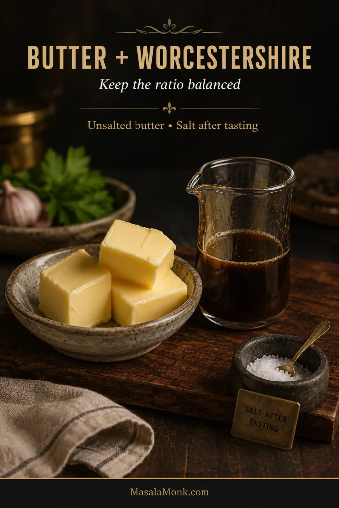 Unsalted butter beside Worcestershire sauce and a salt cellar set apart to show that extra salt is added only after tasting.
