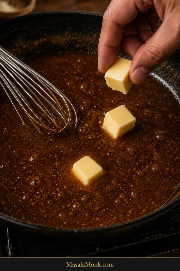 Cold butter pieces being added gradually to dark pepper-speckled sauce while a whisk stirs the skillet over gentle heat.