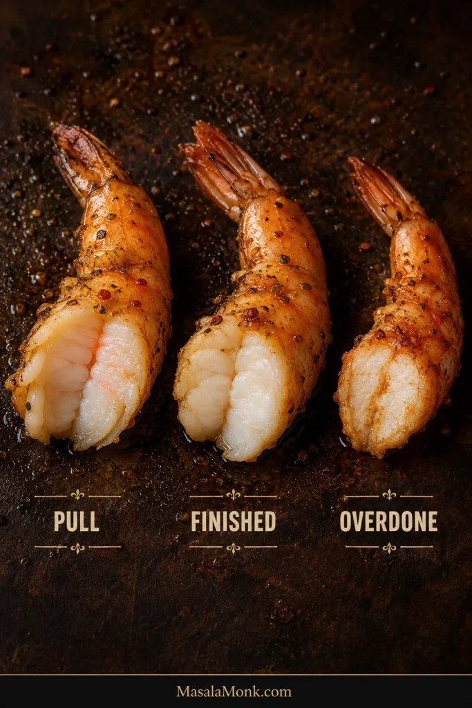 Three shrimp showing the pull point, properly finished juicy opaque flesh, and an overdone shrimp that looks tighter and drier.