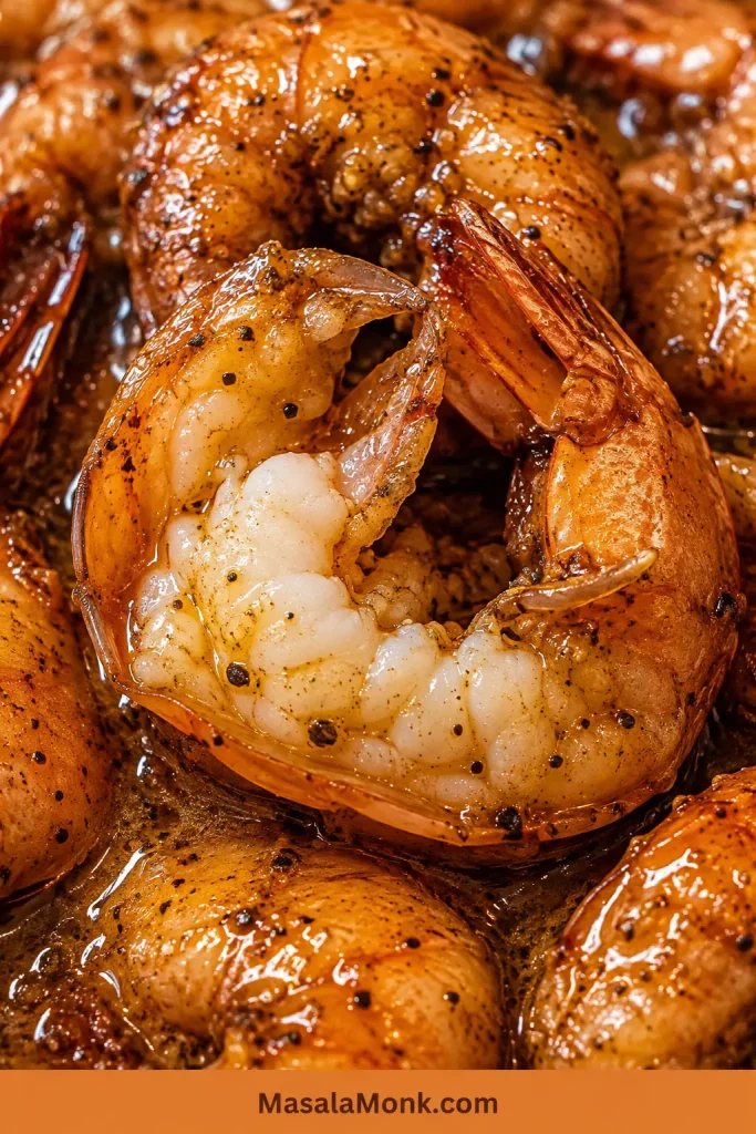 Close-up of a plump cooked shrimp coated in glossy peppery sauce with moist flesh visible beneath the shell.