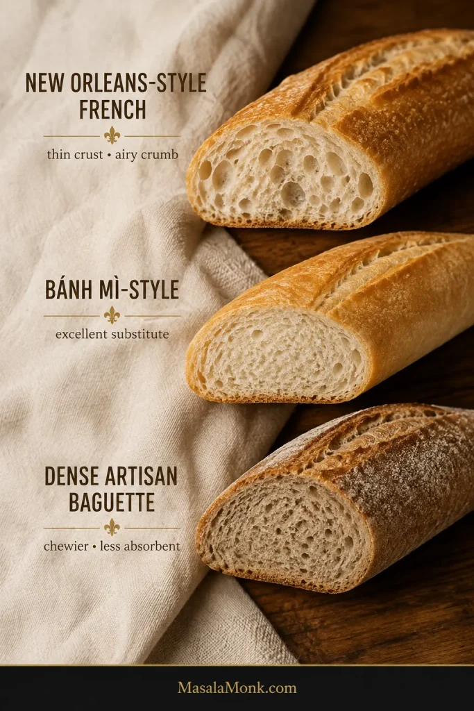 Cross-sections of New Orleans-style French bread, a bánh mì-style loaf and a dense artisan baguette showing differences in crust and crumb density.