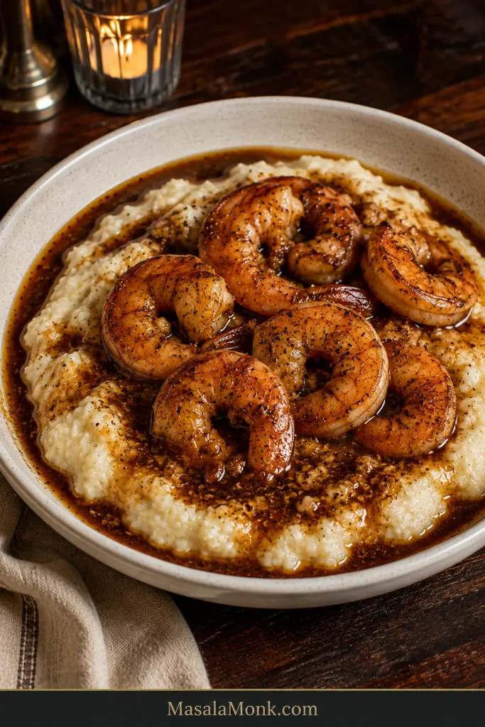 Large peeled BBQ shrimp served over creamy pale grits with dark pepper-speckled sauce spooned across the bowl.