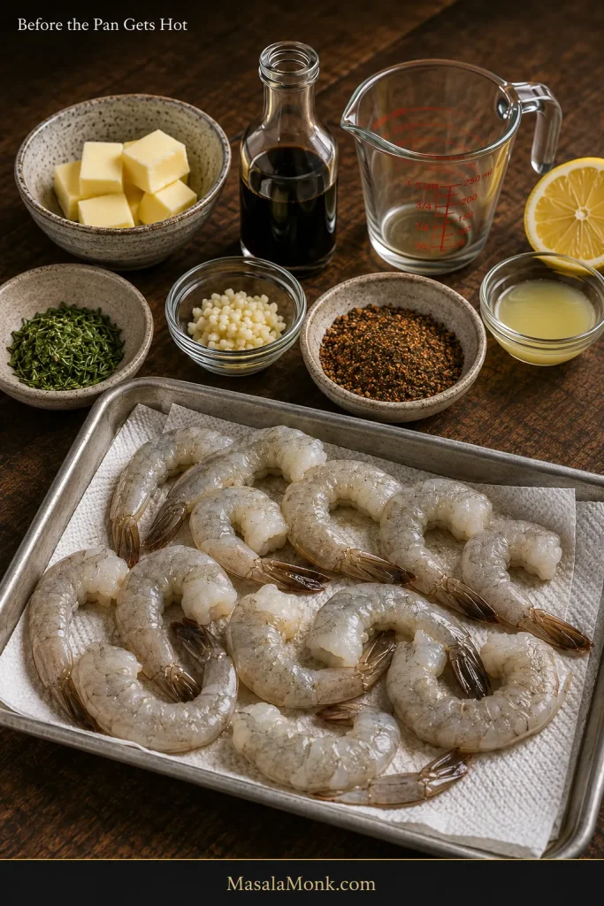 Raw shell-on shrimp beside cold butter, Worcestershire, measured cooking liquid, lemon, garlic, rosemary and spices arranged for cooking.