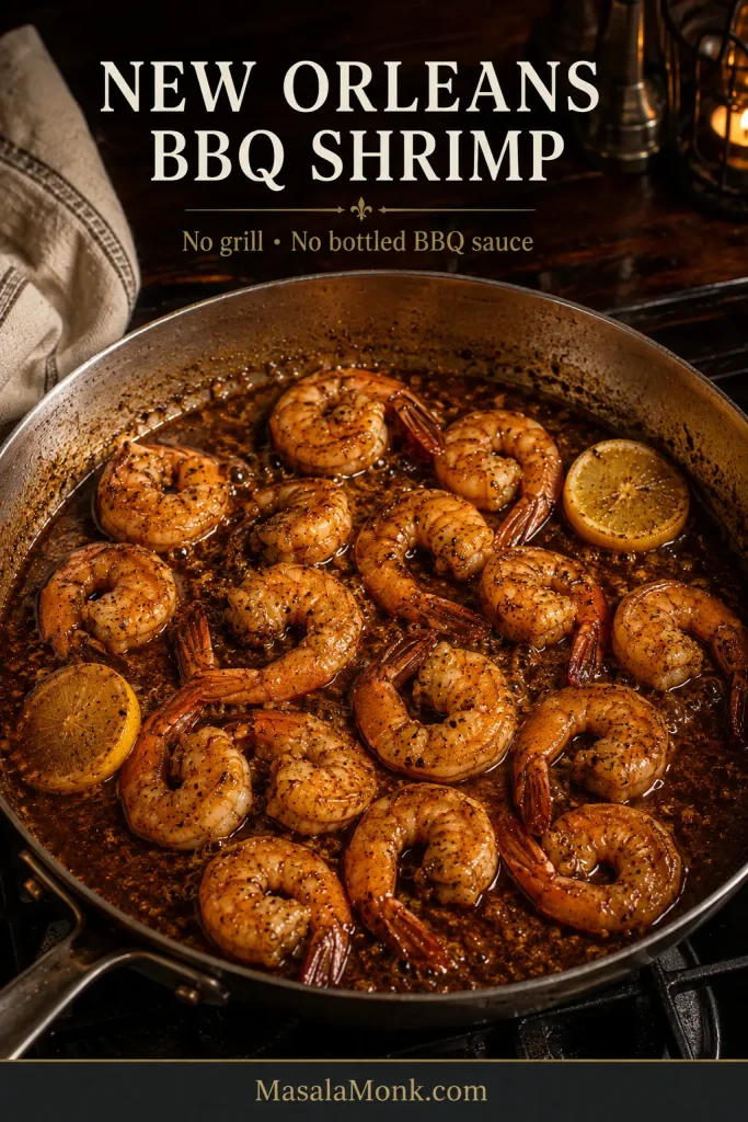 Jumbo shrimp cooking in a stovetop skillet filled with dark peppery Worcestershire-butter sauce, with no grill or bottled barbecue sauce.