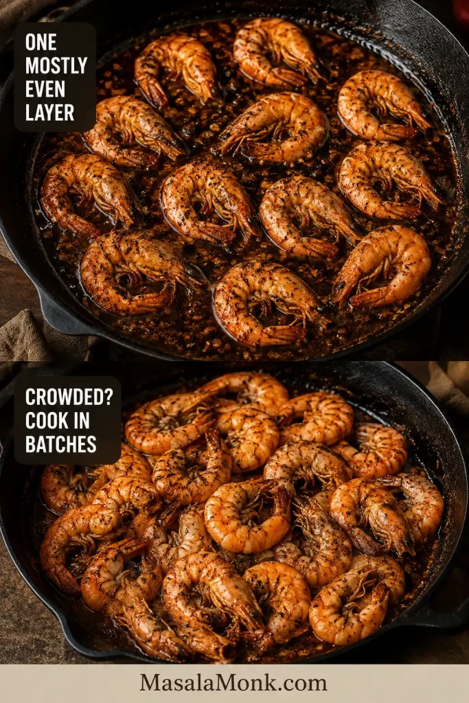 Comparison of jumbo shrimp arranged in a mostly even skillet layer versus shrimp crowded tightly together.