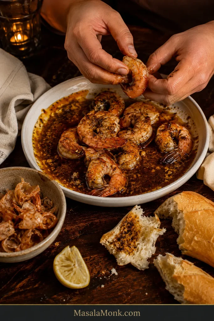Hands peeling a saucy shell-on shrimp over a partly eaten bowl with discarded shells, torn French bread, lemon and napkins nearby.