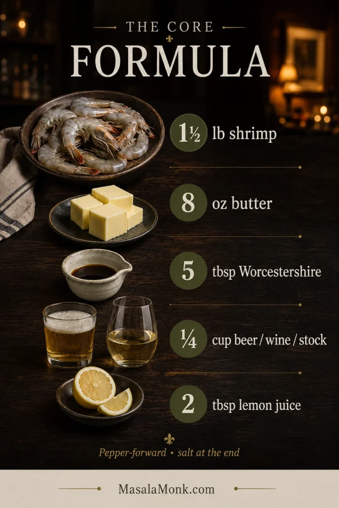 Recipe formula showing 1½ pounds shrimp, 8 ounces butter, 5 tablespoons Worcestershire, ¼ cup beer, wine or stock, and 2 tablespoons lemon juice.