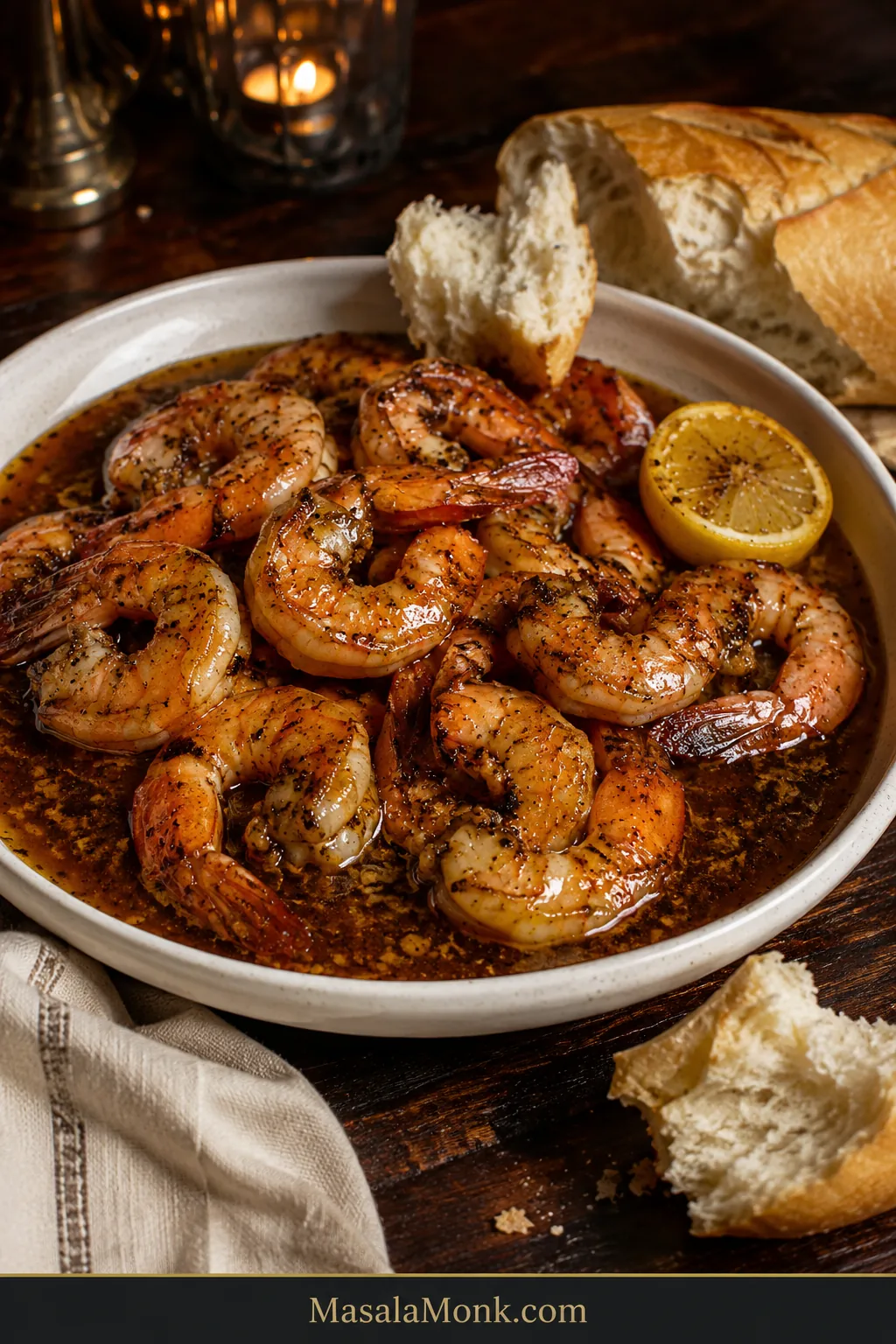 New Orleans BBQ shrimp in a shallow ivory bowl with glossy dark peppery sauce, lemon and torn French bread.
