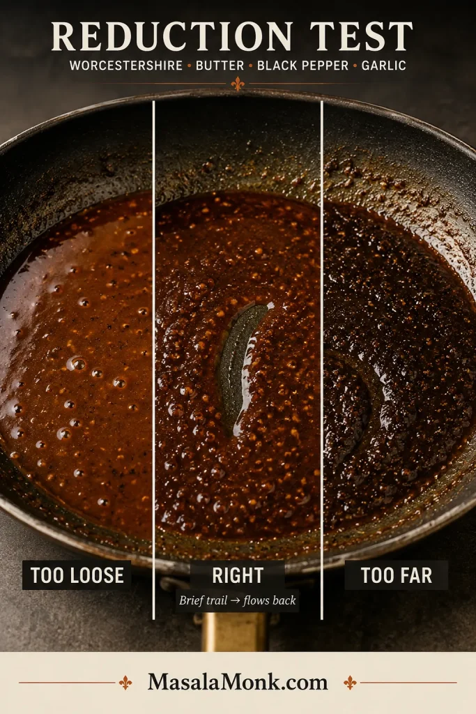 Three stages of dark sauce reduction labeled too loose, right and too far, with the correct stage leaving a brief trail that flows back.