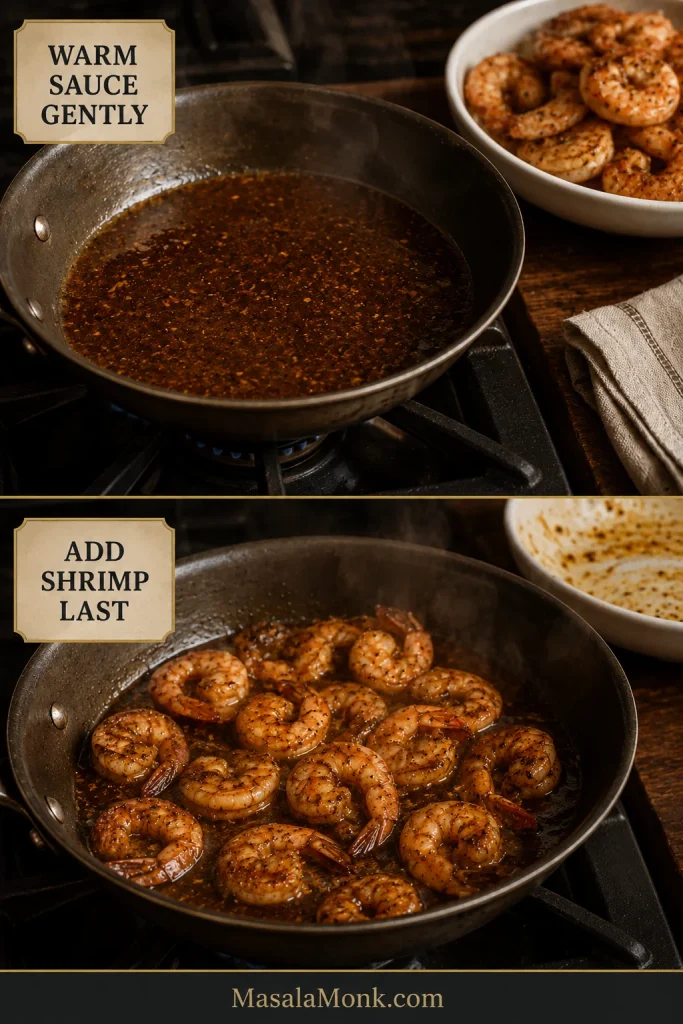 Two-stage guide showing dark BBQ shrimp sauce warming gently by itself and cooked shrimp being returned to the skillet only at the end.