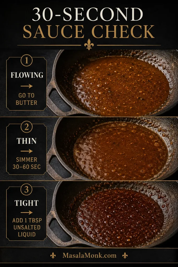 Three post-shrimp sauce states: flowing sauce ready for butter, thin sauce needing more simmering, and tight sauce needing a little unsalted liquid.