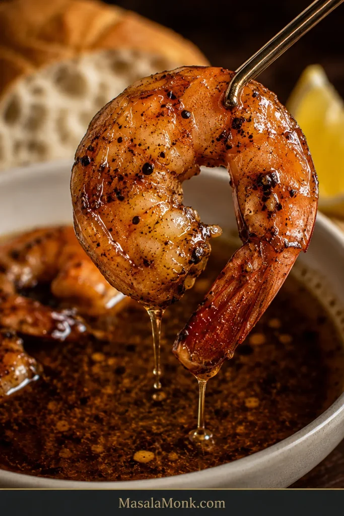 Shell-on shrimp lifted above a bowl while thin droplets of glossy dark peppery sauce fall back into the sauce below.