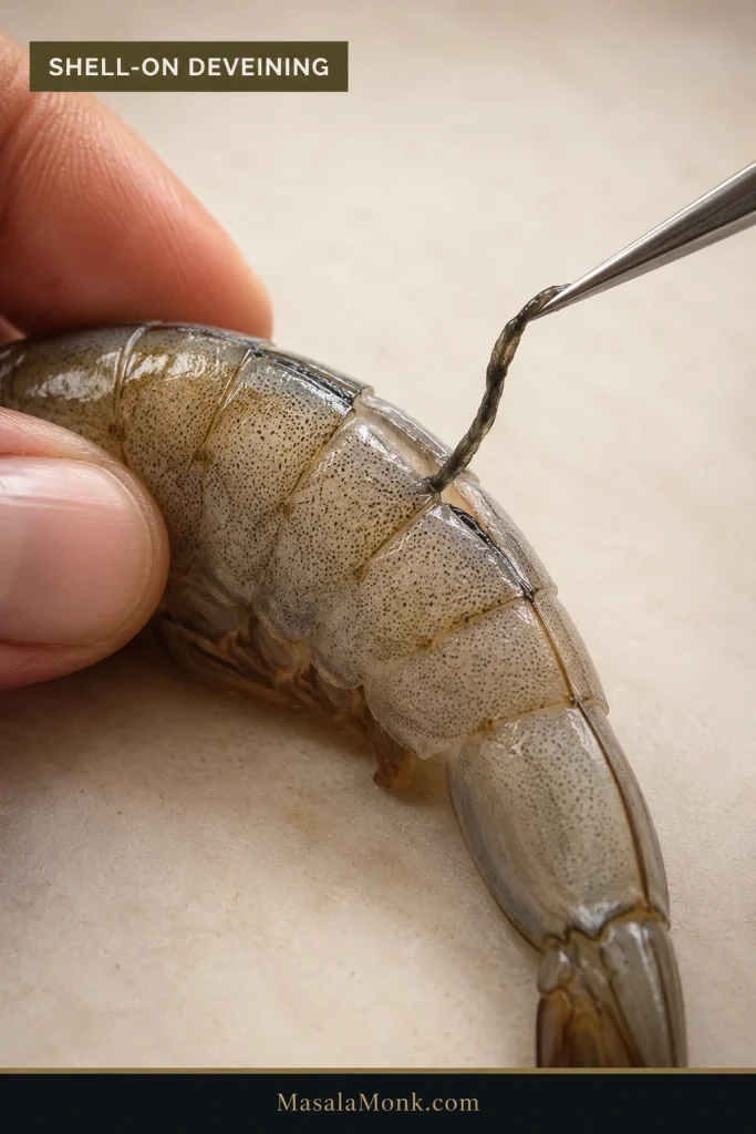 Raw headless shell-on shrimp with a shallow opening along the back while the dark vein is gently lifted out.