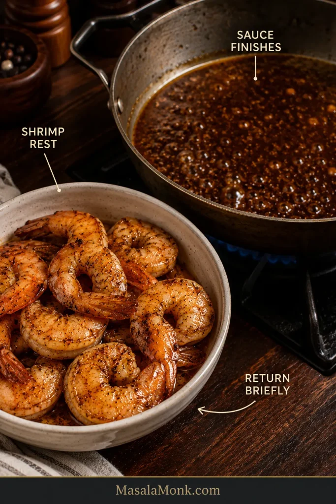 Cooked shrimp resting in a bowl beside sauce finishing in a skillet, with the shrimp shown returning briefly at the end.