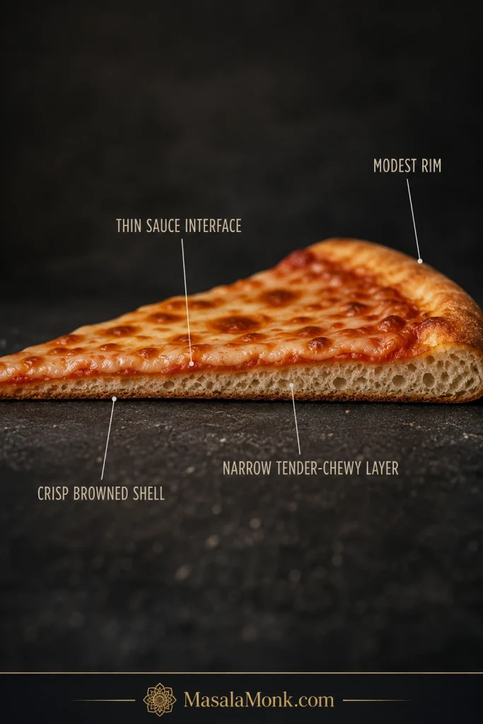 Side cross-section of New York-style cheese pizza showing a browned bottom shell, narrow chewy crumb, thin moist layer beneath the sauce and modest rim.