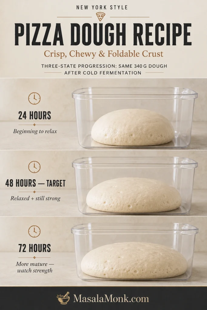 Three New York-style pizza dough balls after 24, 48 and 72 hours of refrigeration, showing progressively more spreading and relaxation.