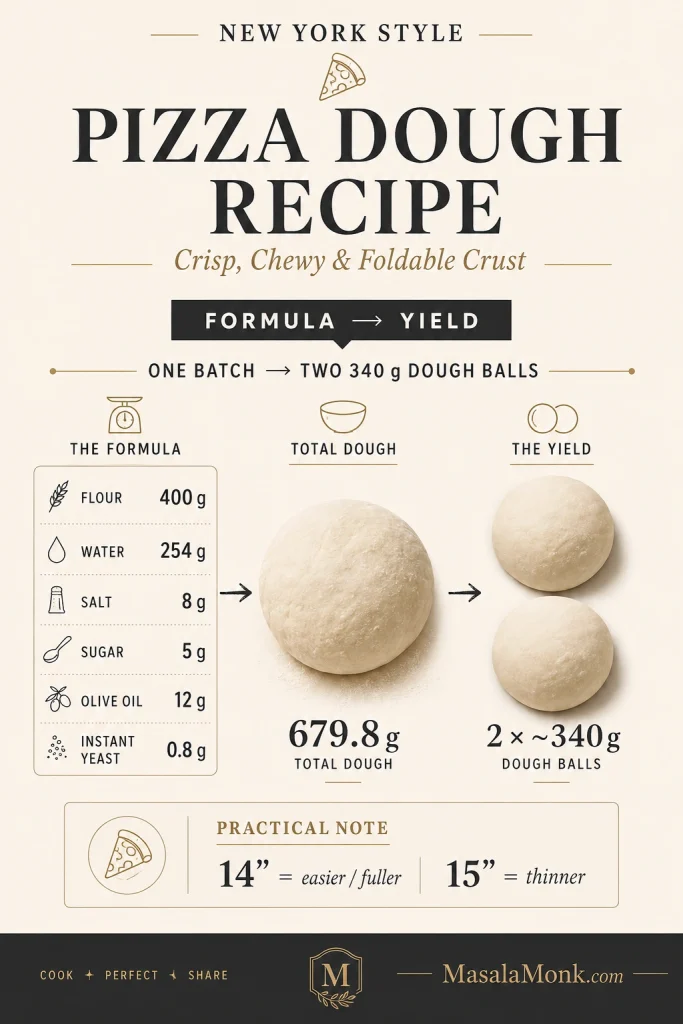 Formula board showing one batch of New York-style pizza dough divided into two approximately 340-gram balls for two 14- to 15-inch pizzas.