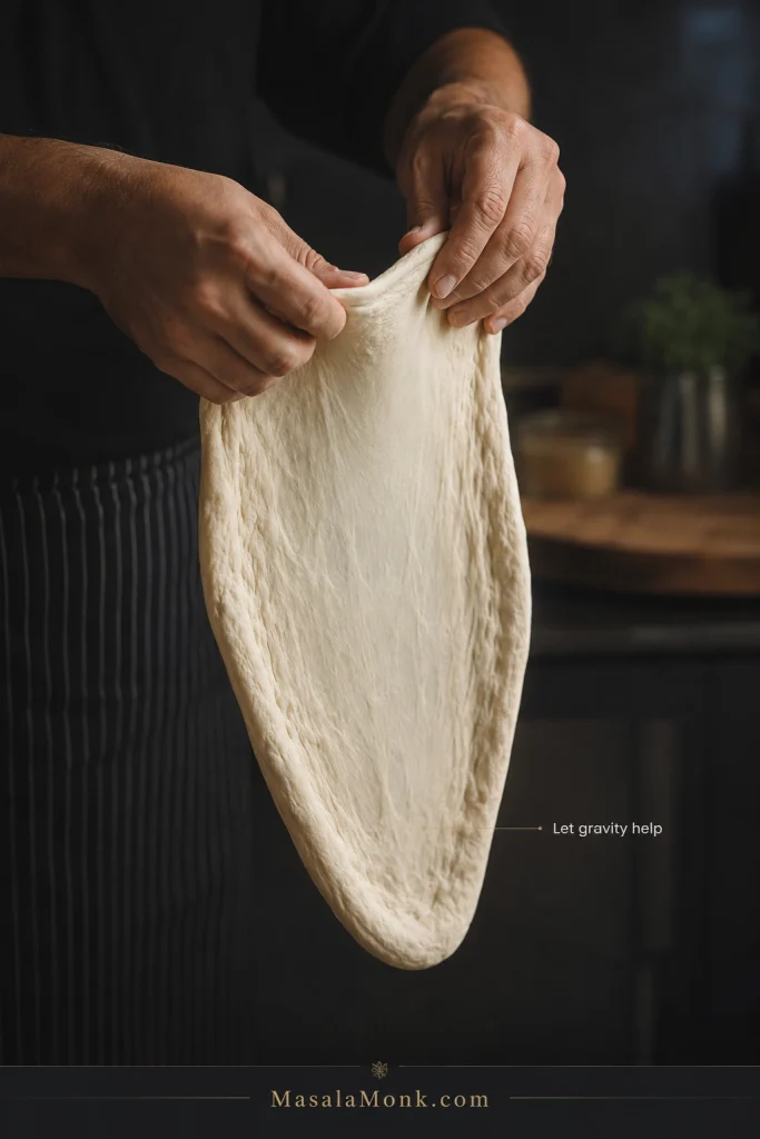 Hands supporting and rotating a pizza dough skin vertically while gravity gently stretches the center.