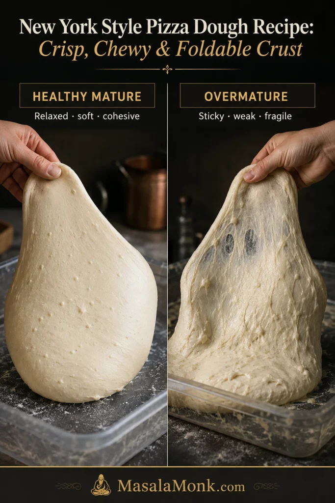 Healthy mature pizza dough lifting as a cohesive mass beside overmature dough that looks slack, sticky, translucent and fragile.