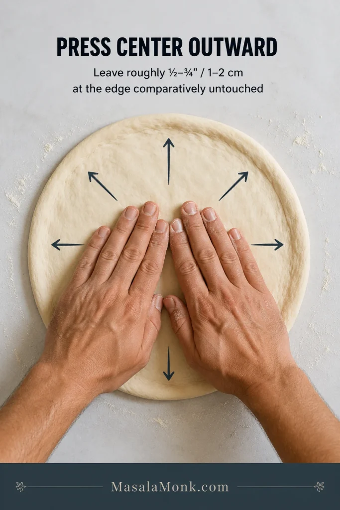 Fingertips pressing pizza dough from the center outward while leaving a narrow outer edge relatively untouched.