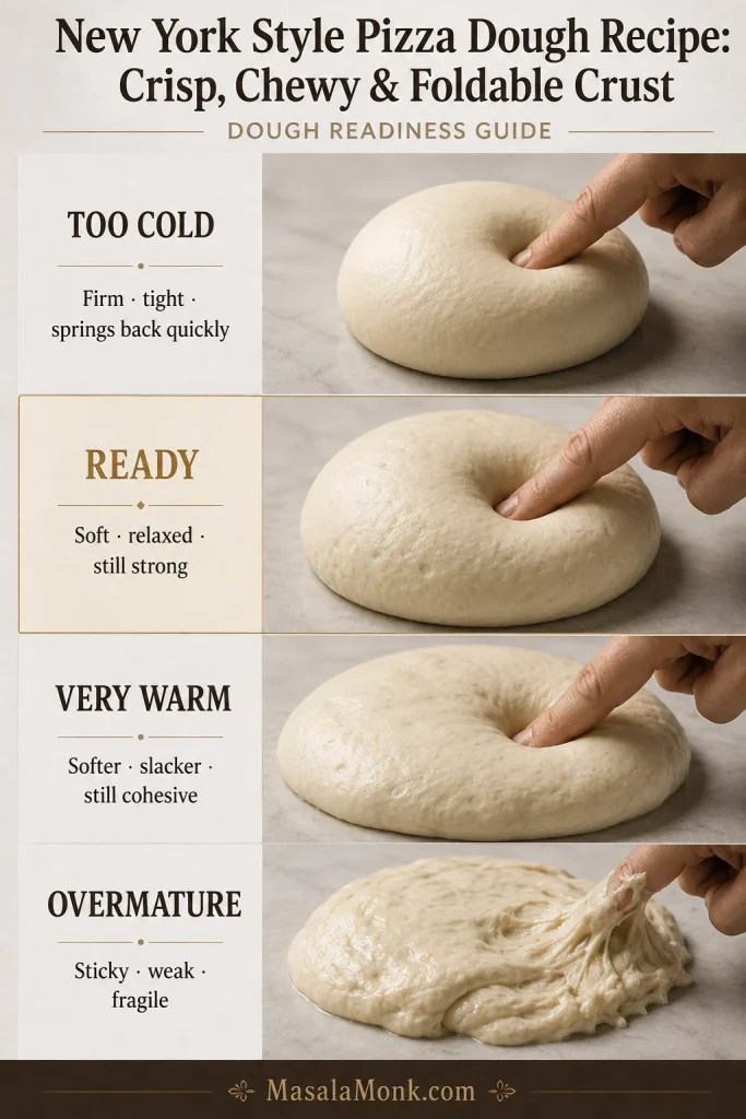 Four New York-style pizza dough states labeled too cold, ready, very warm and overmature, ranging from compact and tight to broad, sticky and weak.