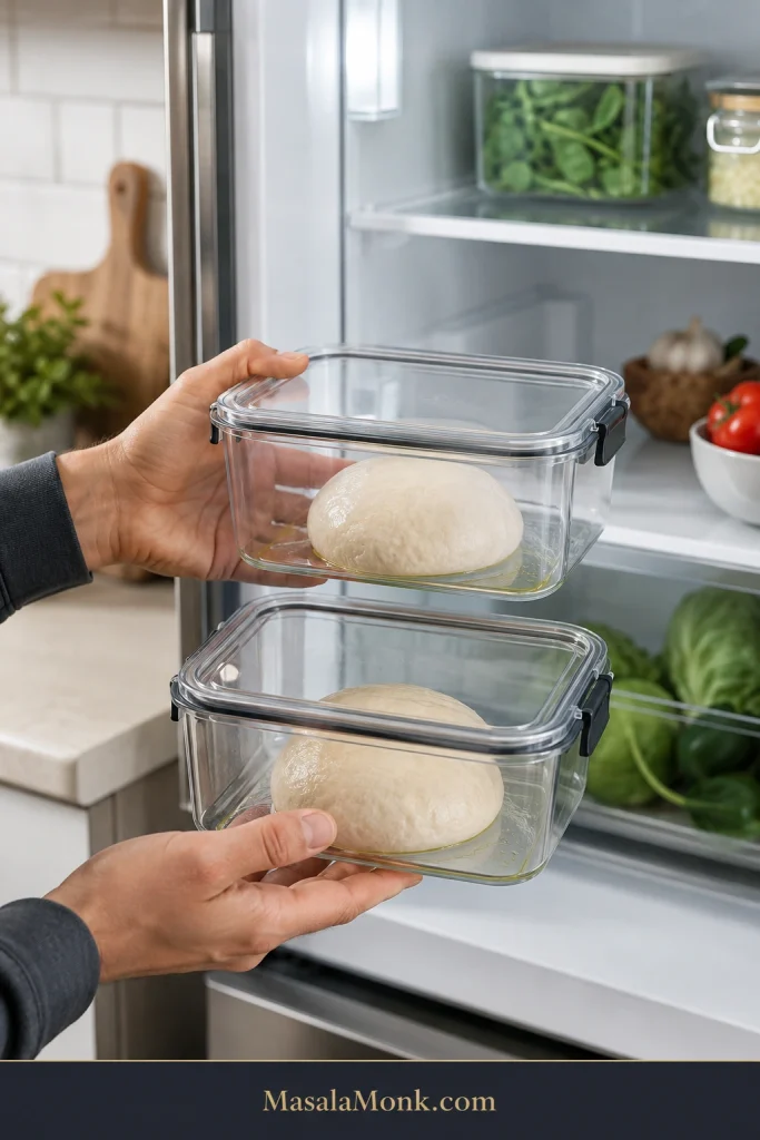 Two fresh New York-style pizza dough balls in separate lightly oiled clear lidded containers with room around each ball.