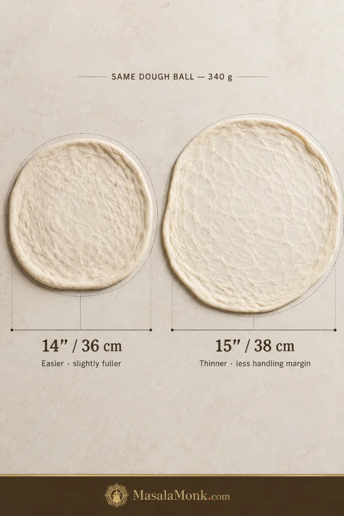Same 340-gram pizza dough ball stretched to 14 inches and 15 inches, with the larger pizza skin visibly thinner.
