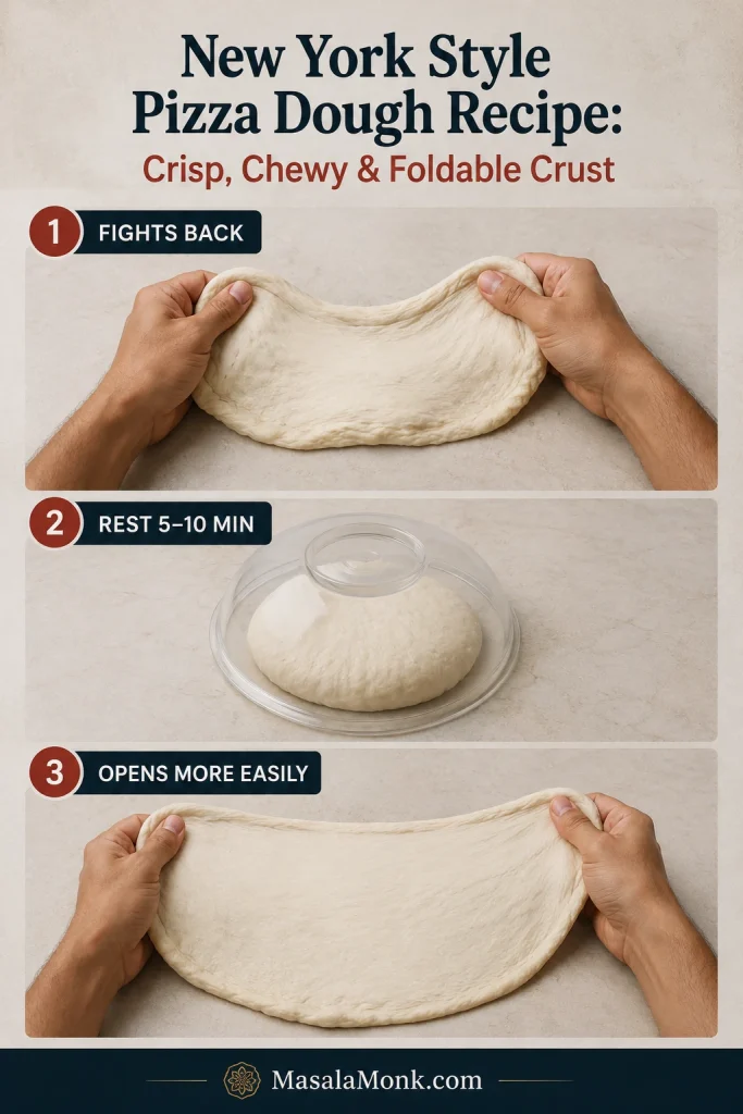 Three-stage comparison of pizza dough resisting stretching, resting covered for several minutes and then opening more easily.