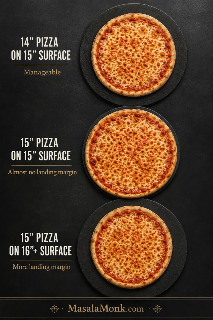 Overhead guide comparing pizza diameter with baking-surface size, including a tight-fitting pizza and examples with more landing margin.